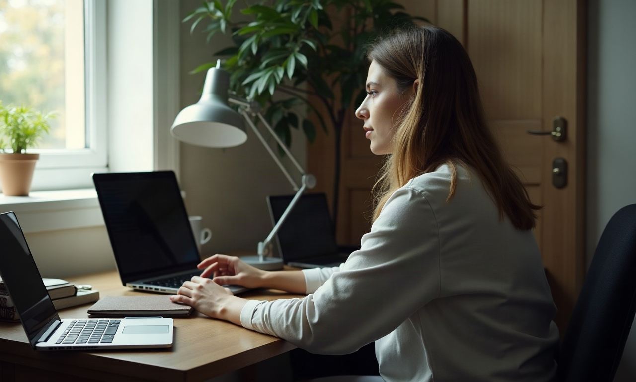 Person at desk from behind, hands on desktop, morning light from side window