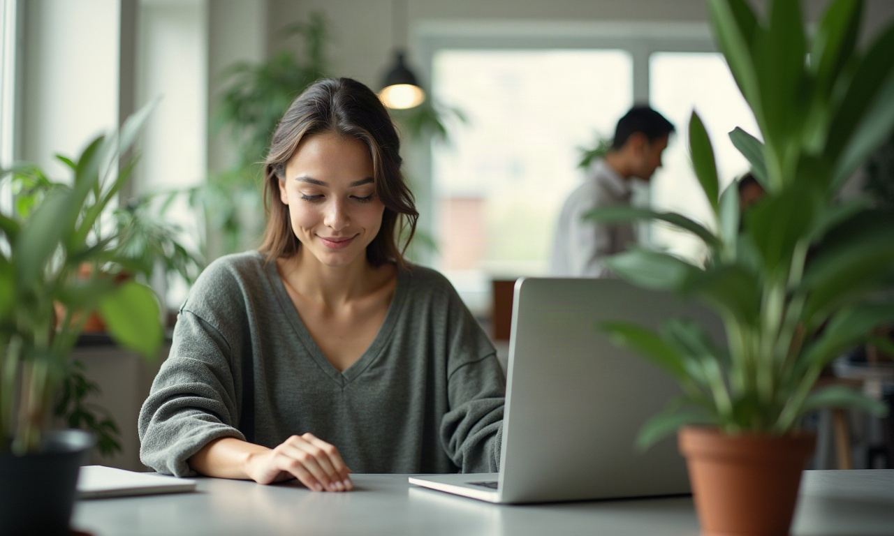 Bright interior with plants and natural light, person working out of focus in background