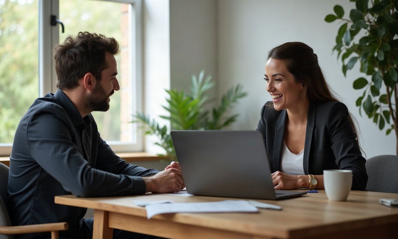 Professional and client talking at wooden table in bright room, natural light
