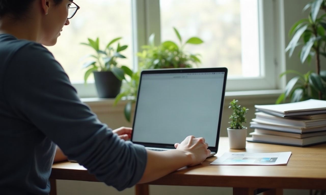 Home office desk with laptop from behind, potted plant, folders, person facing window