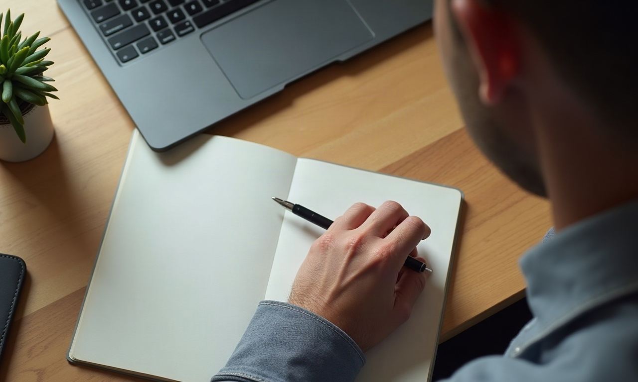 Hand holding pen on wooden desk, overhead view, fingers relaxed, even daylight