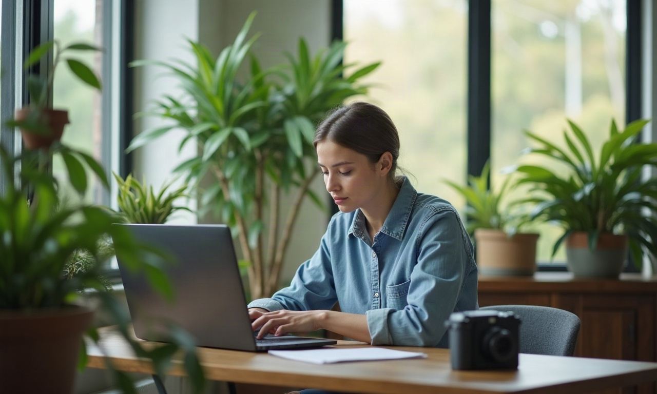 Bright interior with plants and natural light, person working out of focus in background